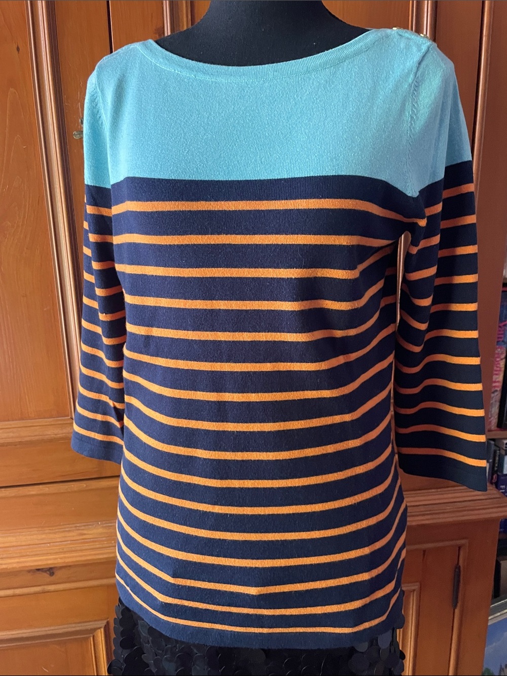 J. McLaughlin Teal, Navy & Orange Striped Boatneck Top 3/4 Sleeves - Size S